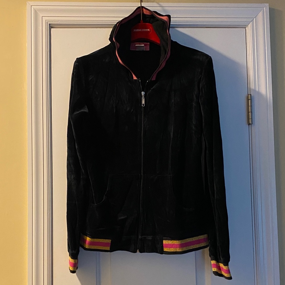 Childish Black Velvet FullZip Hoodie Sparkling Pink Yellow Trim Rare Madein USA